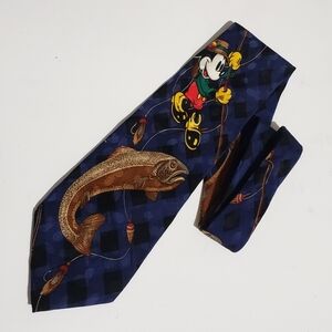 Vintage Disney Store 100% Silk Men's Tie Mickey Fishing Navy Black